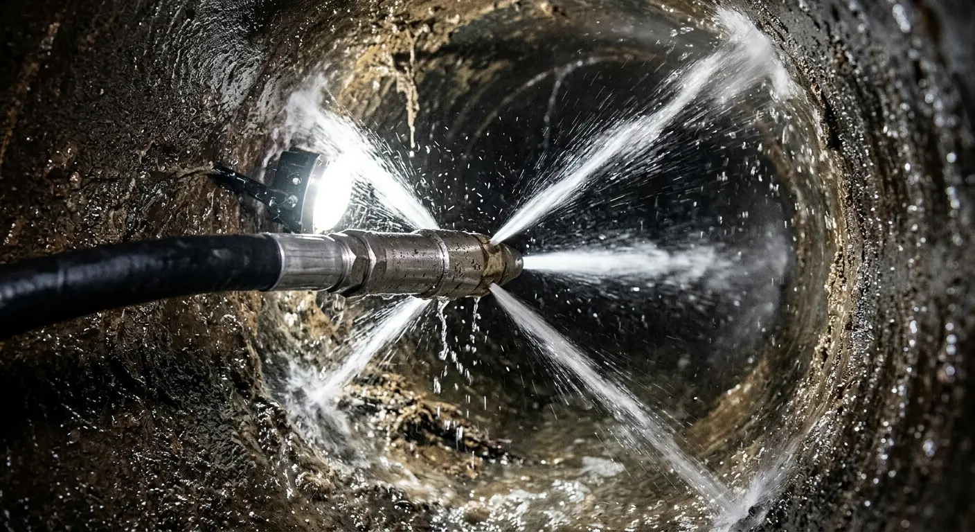 High-pressure hydro jetting nozzle cleaning sewer pipe for Sewer Cleanout in Azusa