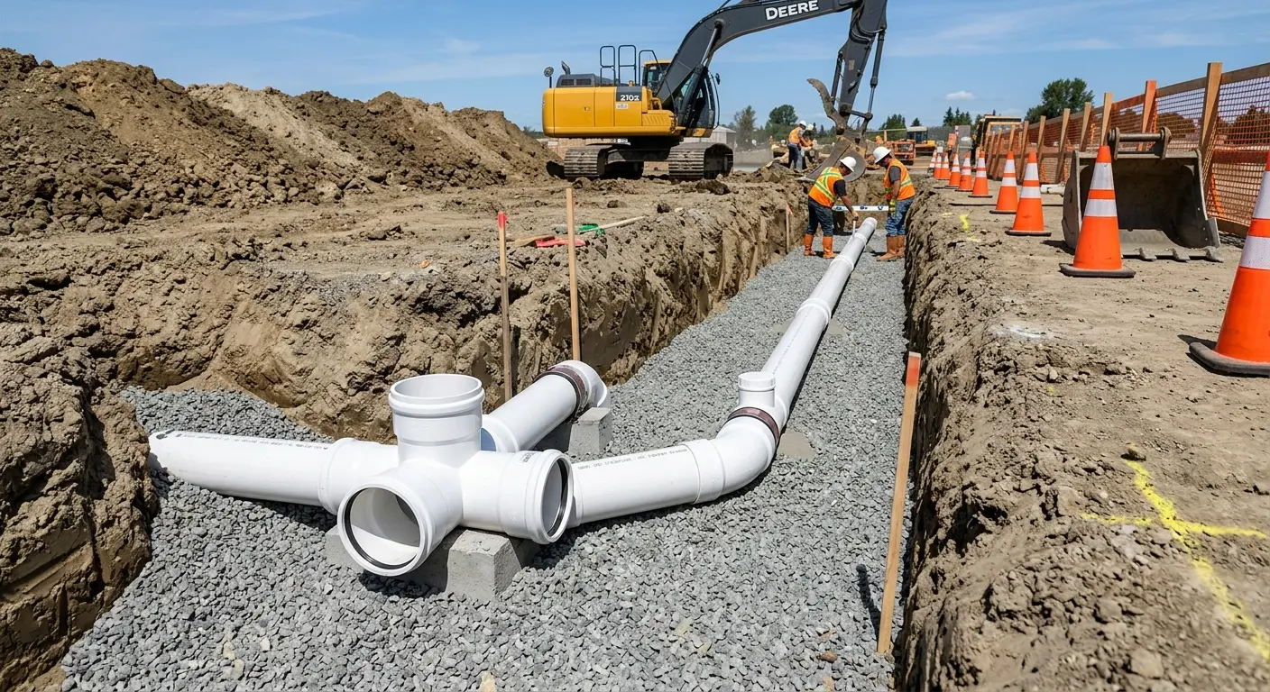 New PVC sewer pipe installation in open trench for Sewer Backup in Azusa