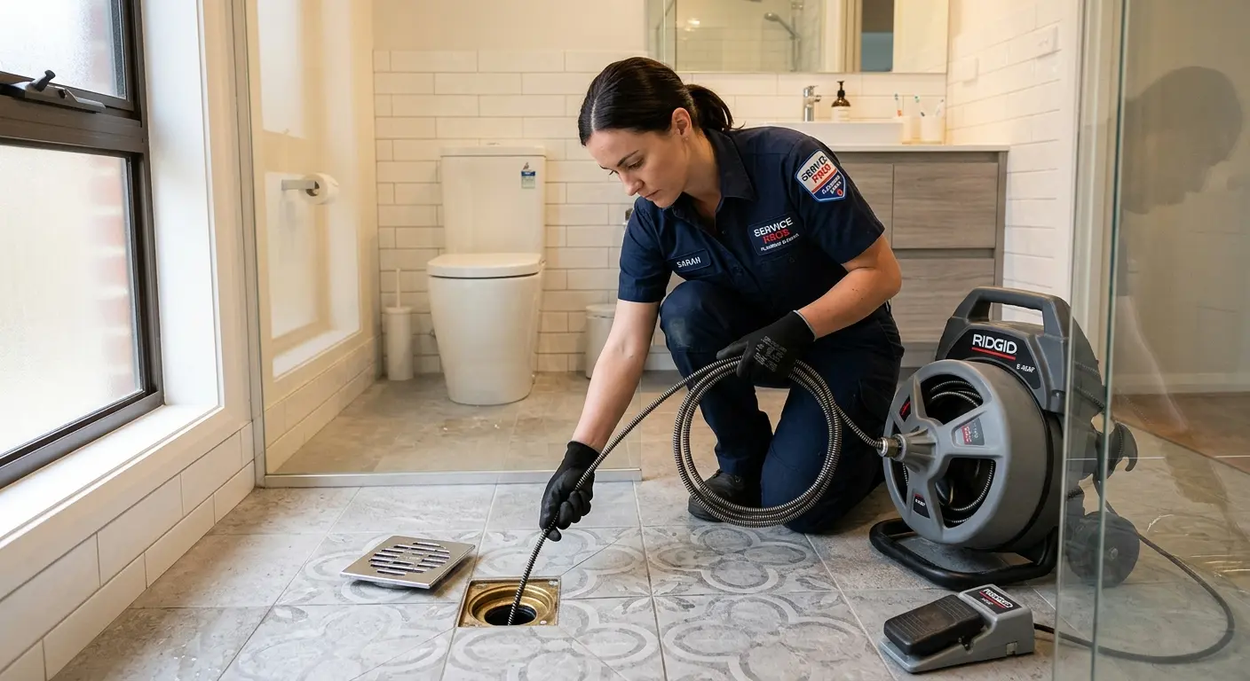 Technician clearing a bathroom floor drain for Drain Cleaning in Azusa